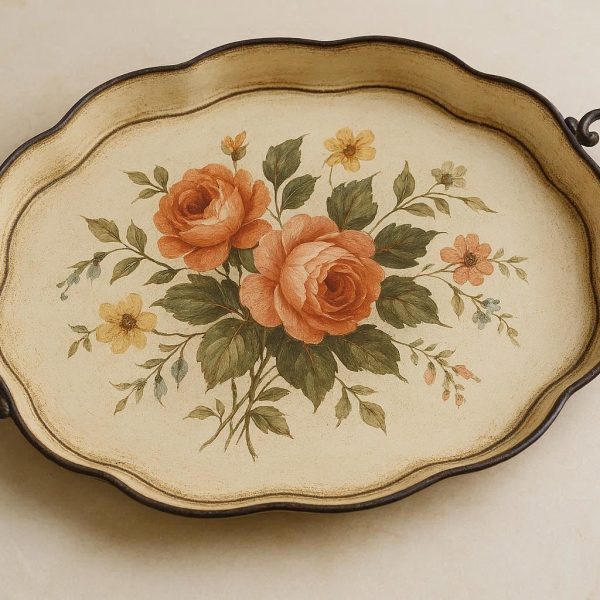 Vintage Inspired Metal Floral Tray for Bathroom and Bedroom