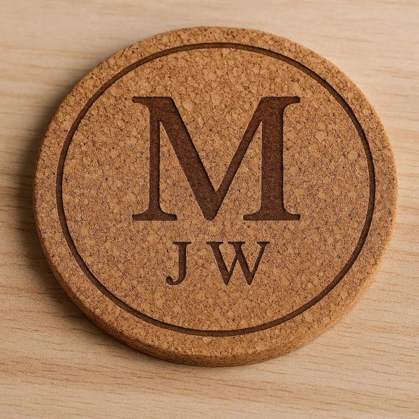 Natural Cork Coaster with Custom Laser Engraved Monogram for Personalized Gifts