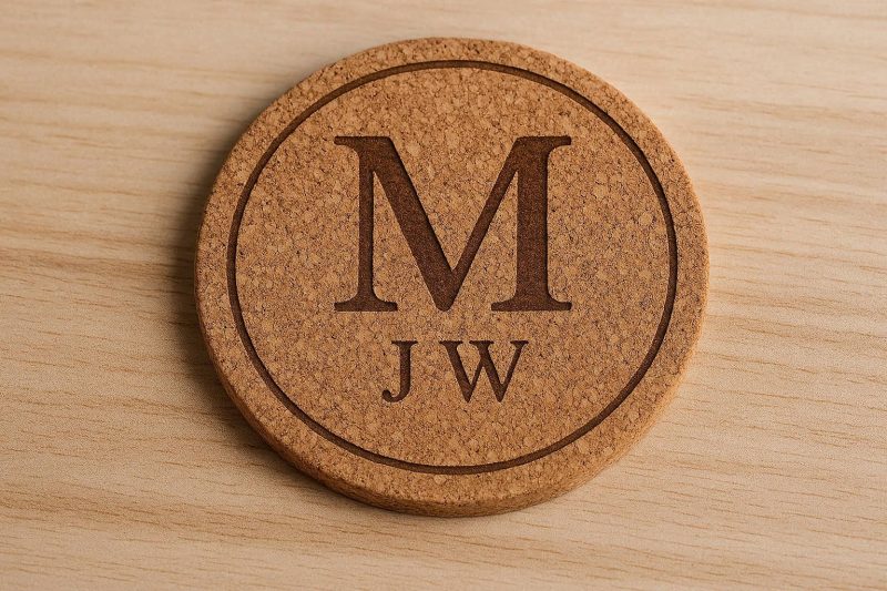 Natural Cork Coaster with Custom Laser Engraved Monogram for Personalized Gifts