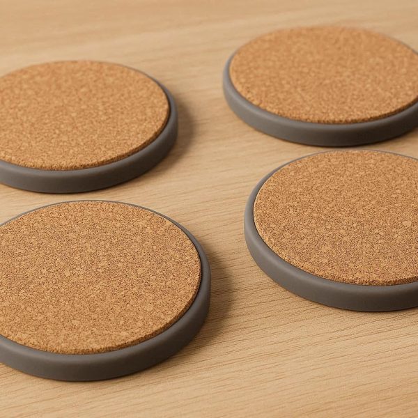 Set of Mixed Material Coasters Combining Cork Top with Silicone Base