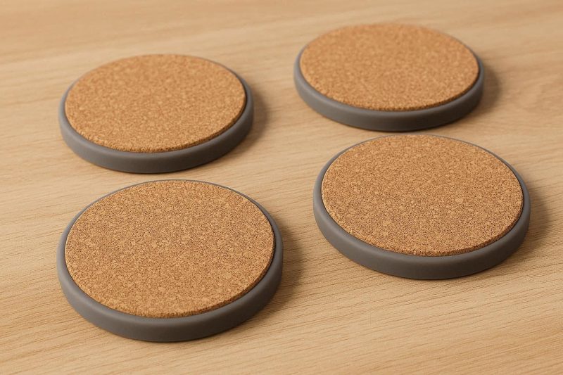 Set of Mixed Material Coasters Combining Cork Top with Silicone Base